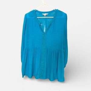 Counterparts Blue Boho Peasant Top Embroidered V-Neck Gauze Blouse Size M